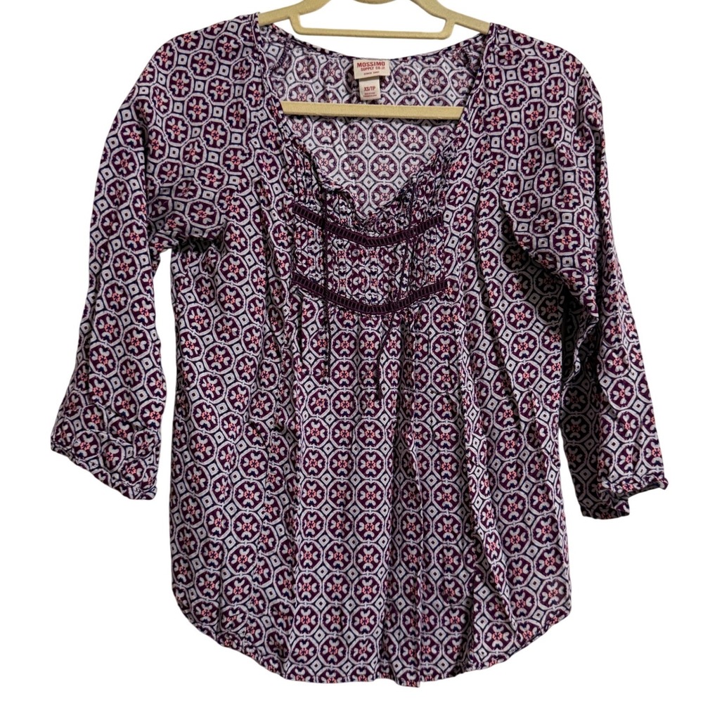 Mossimo Supply Co Womens XS Purple Geometric Medallion Boho 3/4 Sleeve‎ Blouse